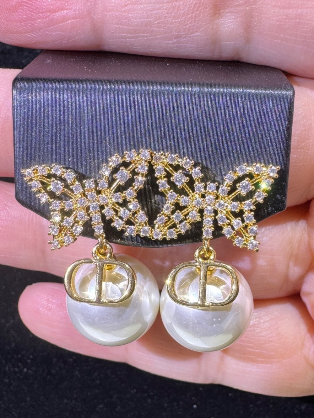 Gold CZ Butterfly Earrings with White Pearl Drops
